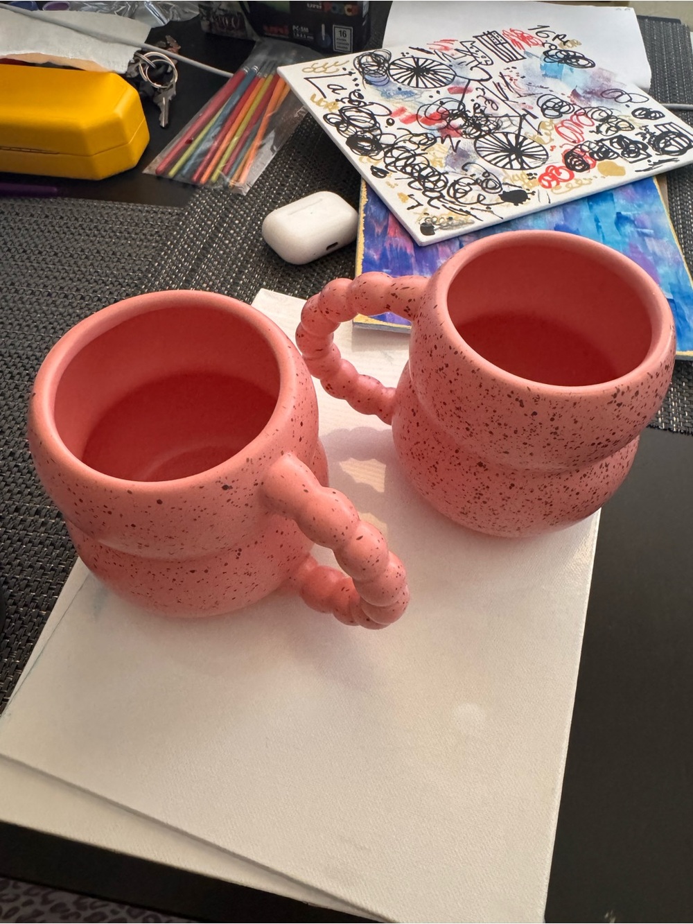 Pair of Pink Speckled Ceramic Mugs with Beaded Handles